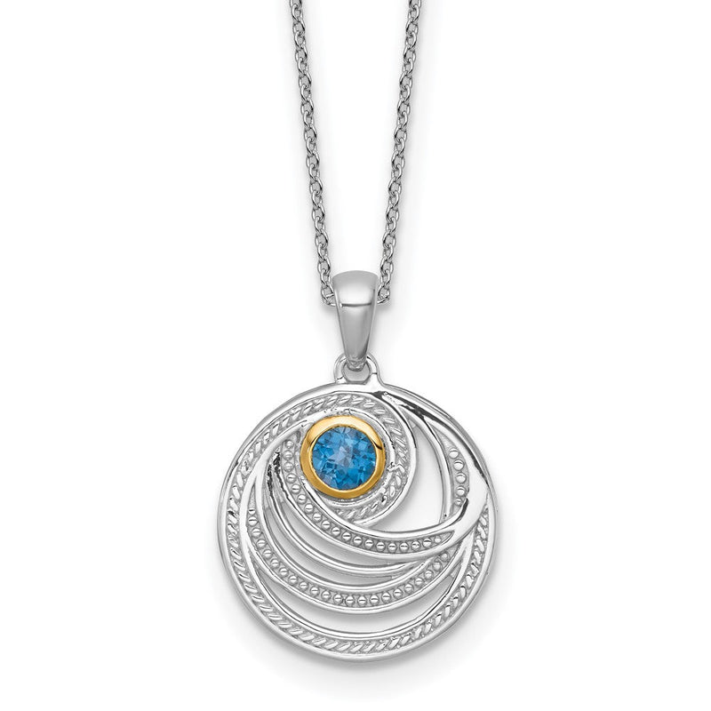 Ss Rhodiniert mit 14K/silver Bicolor Akzente London Blautopas Rund Wirbel Halskette