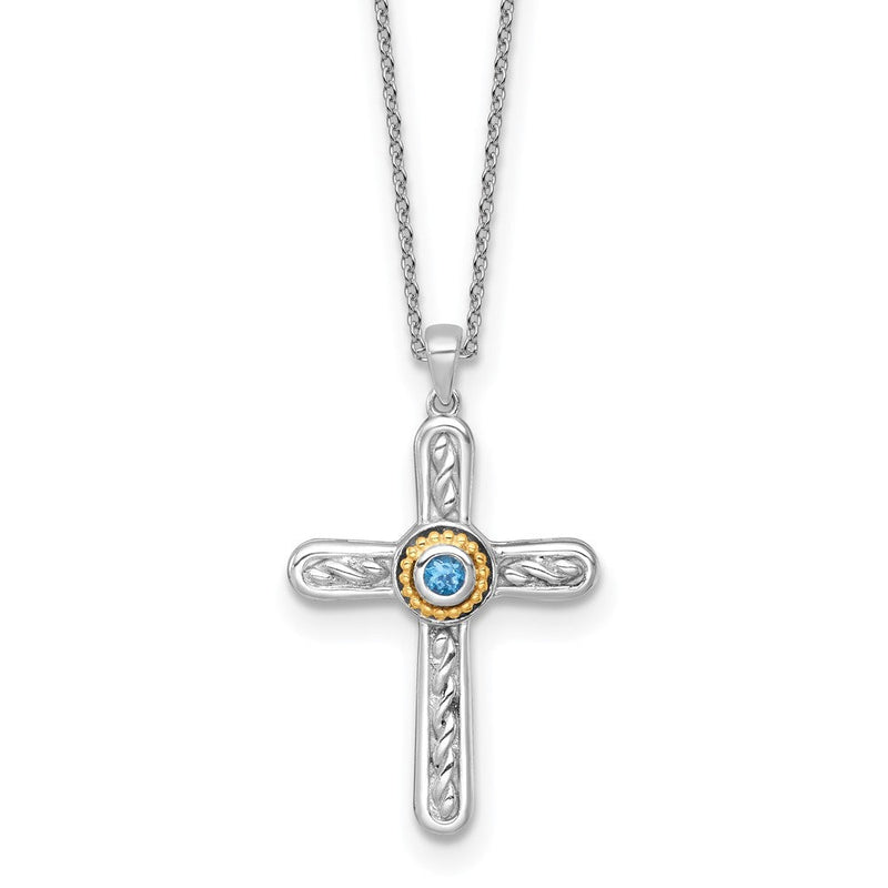 Ss Rhodiniert mit 14K/silver Bicolor Akzente Strukturiert London Blautopas Kreuz Halskette