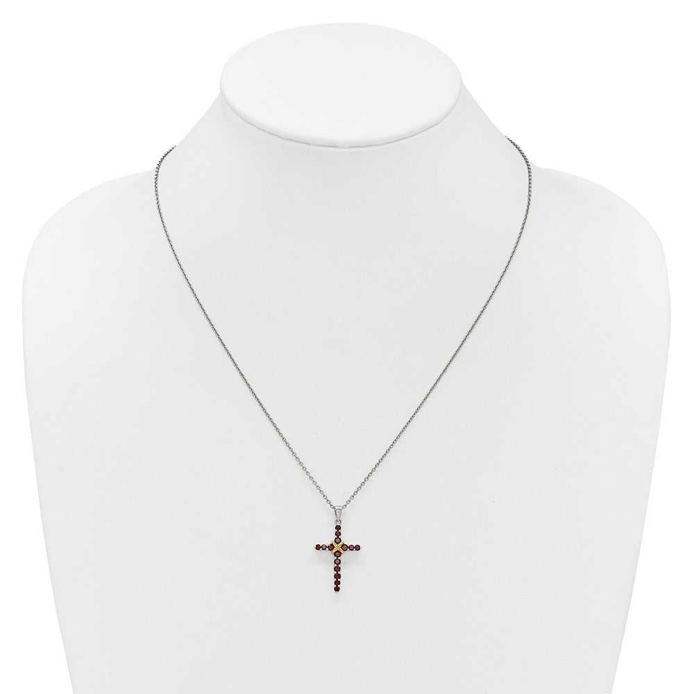 Sterlingsilber Rhodiniert mit 14K/silver Bicolor Akzente Granat Kreuz Halskette