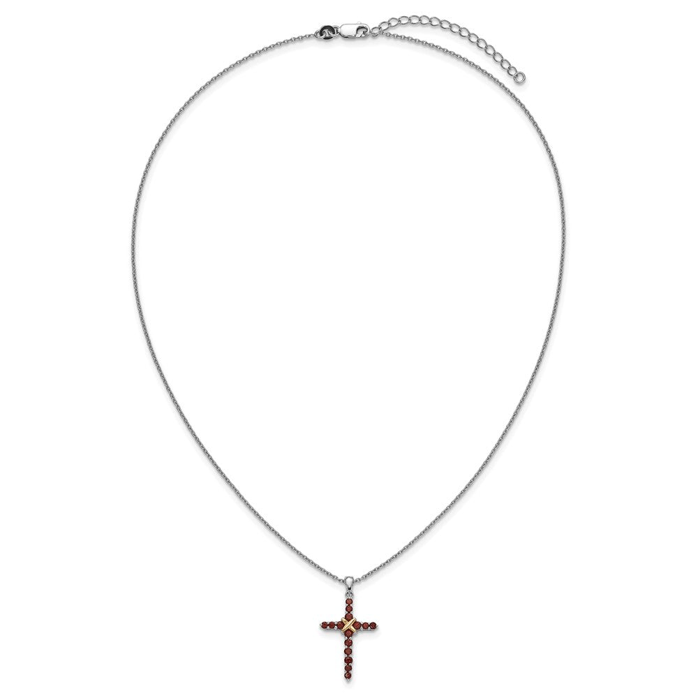 Sterlingsilber Rhodiniert mit 14K/silver Bicolor Akzente Granat Kreuz Halskette