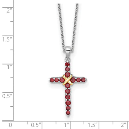 Sterlingsilber Rhodiniert mit 14K/silver Bicolor Akzente Granat Kreuz Halskette