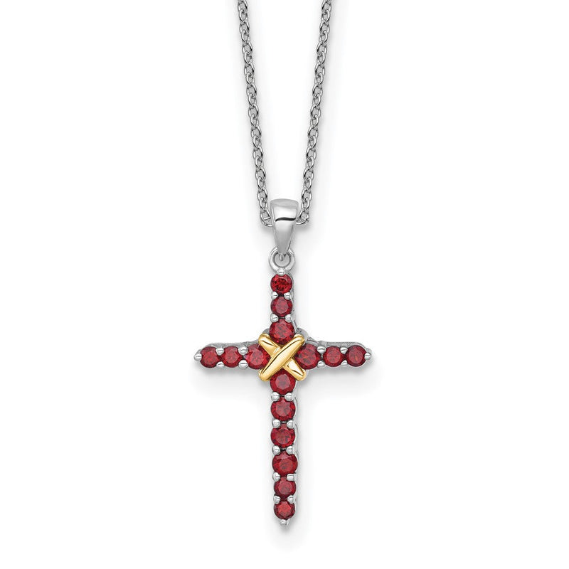 Sterlingsilber Rhodiniert mit 14K/silver Bicolor Akzente Granat Kreuz Halskette
