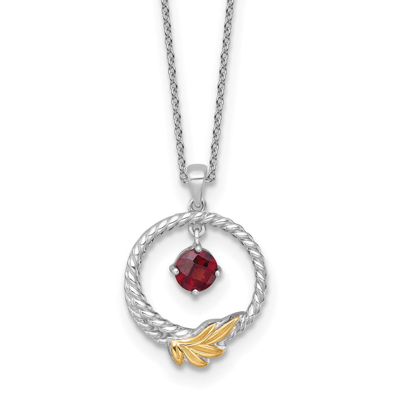 Ss Rhodiniert mit 14K/silver Bicolor Akzente Gedreht Granat Blatt Kreis Halskette