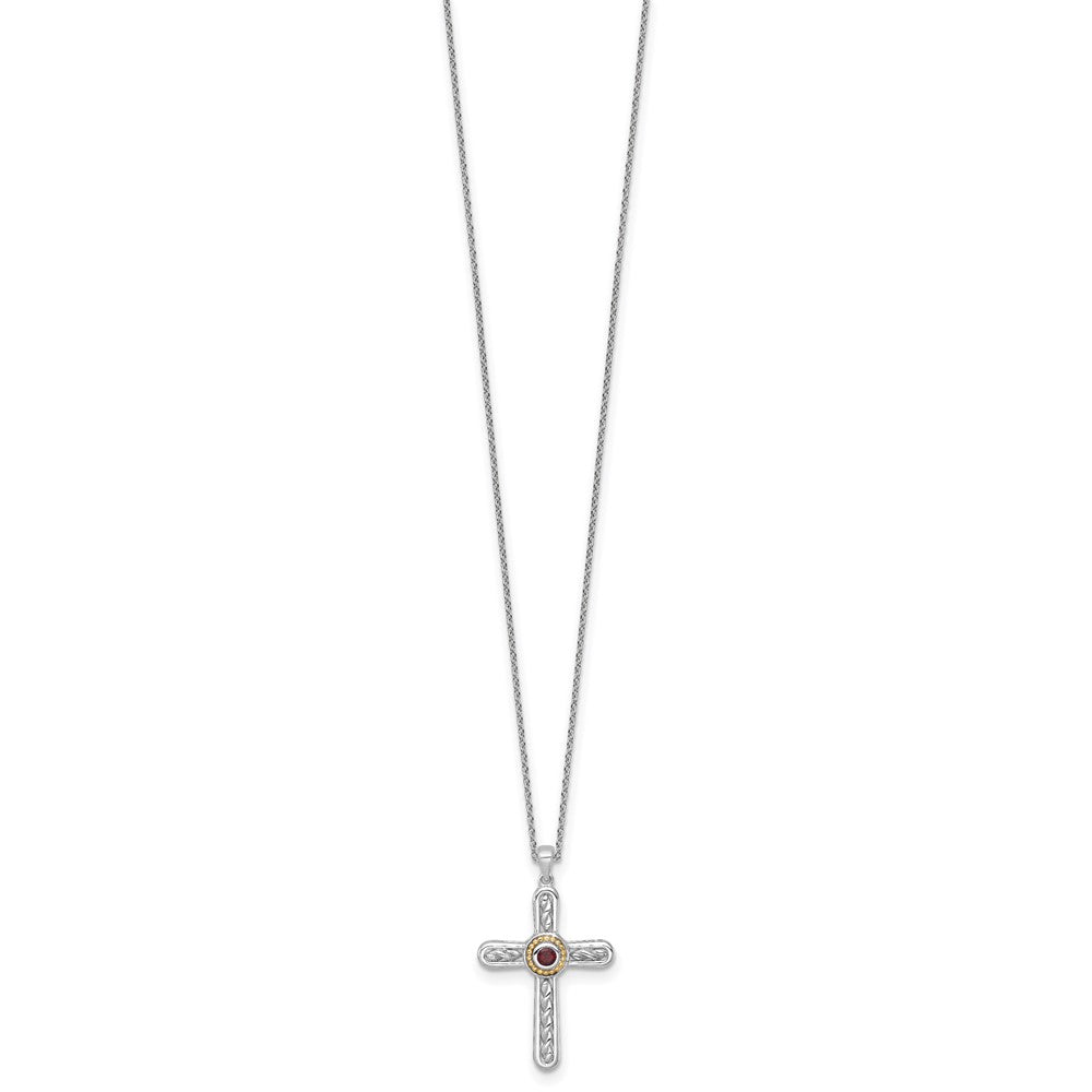 Ss Rhodiniert mit 14K/silver Bicolor Akzente Strukturiert Granat Kreuz Halskette
