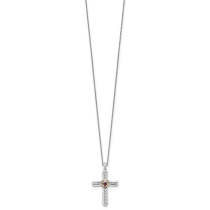 Ss Rhodiniert mit 14K/silver Bicolor Akzente Strukturiert Granat Kreuz Halskette