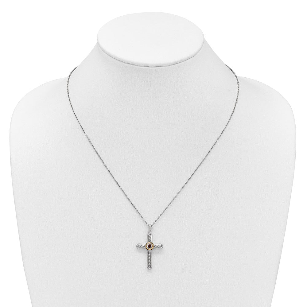 Ss Rhodiniert mit 14K/silver Bicolor Akzente Strukturiert Granat Kreuz Halskette