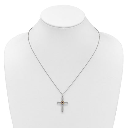 Ss Rhodiniert mit 14K/silver Bicolor Akzente Strukturiert Granat Kreuz Halskette