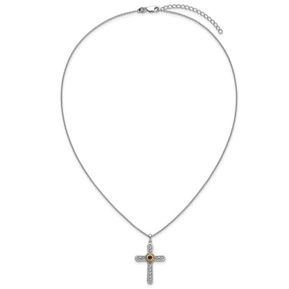 Ss Rhodiniert mit 14K/silver Bicolor Akzente Strukturiert Granat Kreuz Halskette