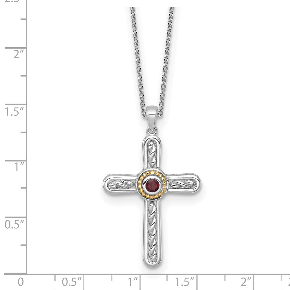 Ss Rhodiniert mit 14K/silver Bicolor Akzente Strukturiert Granat Kreuz Halskette