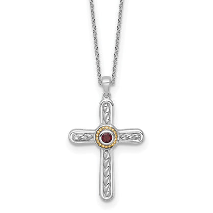 Ss Rhodiniert mit 14K/silver Bicolor Akzente Strukturiert Granat Kreuz Halskette