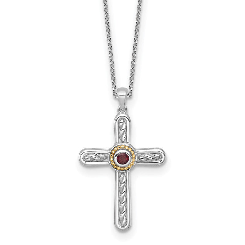 Ss Rhodiniert mit 14K/silver Bicolor Akzente Strukturiert Granat Kreuz Halskette