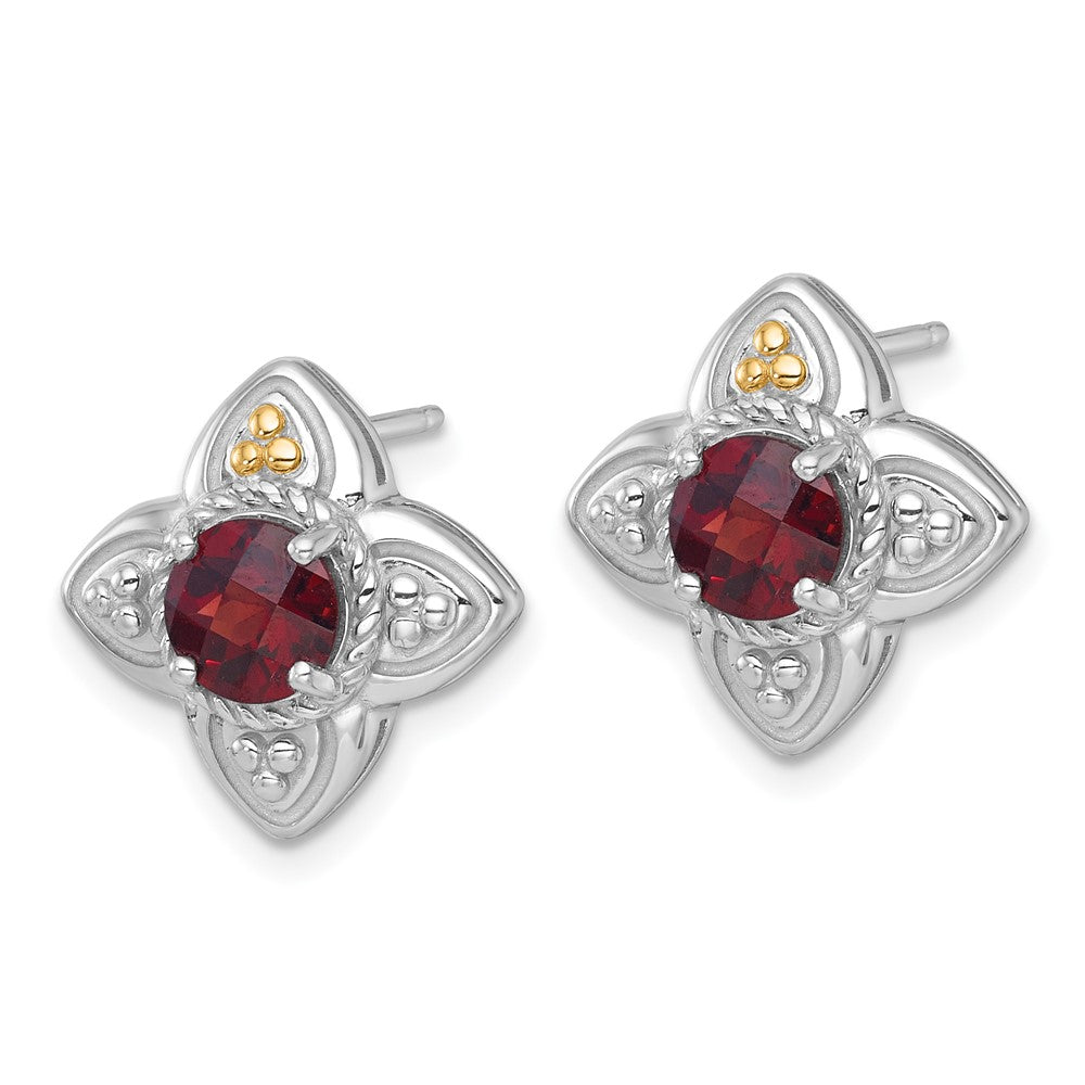 Sterlingsilber Rhodiniert mit 14K/silver Bicolor Akzente Granat Blume Ohrstecker