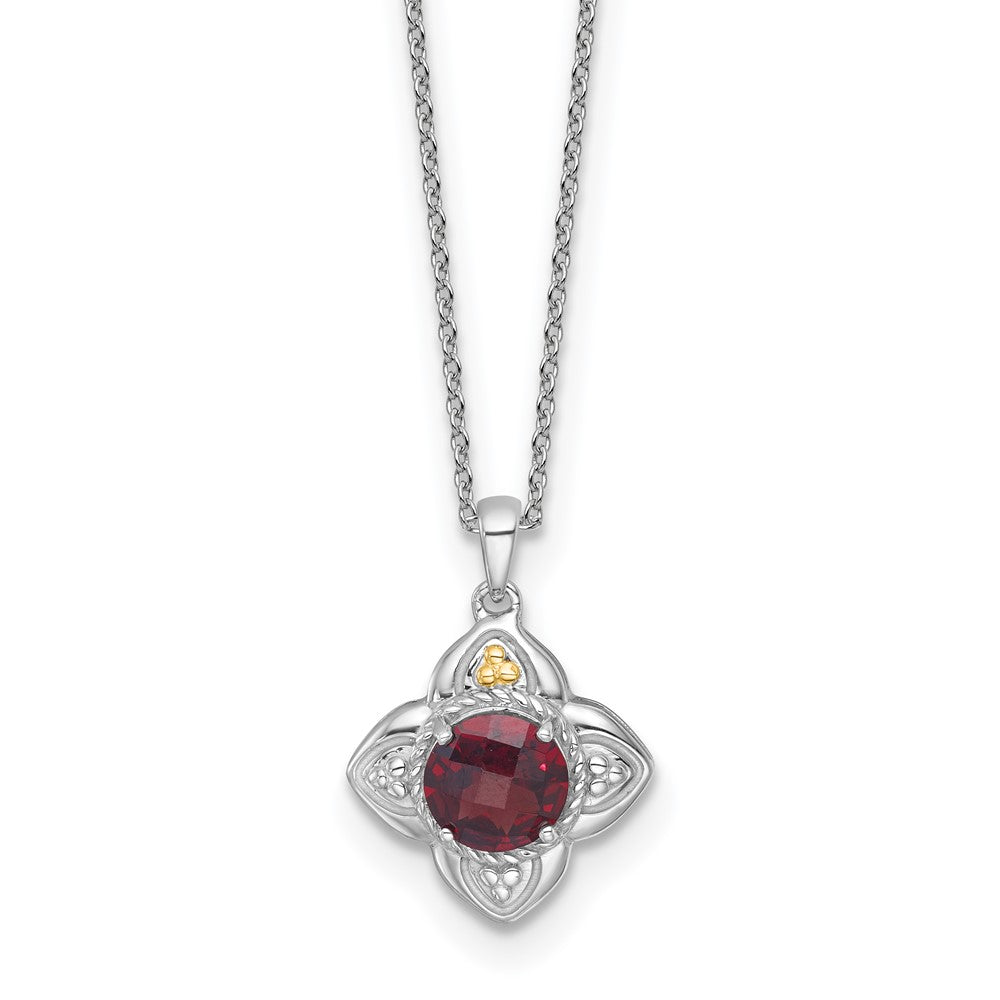 Sterlingsilber Rhodiniert mit 14K/silver Bicolor Akzente Granat Blume Halskette
