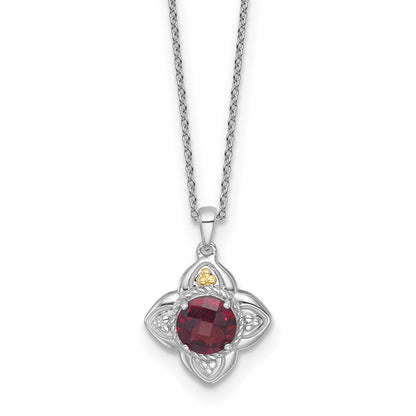 Sterlingsilber Rhodiniert mit 14K/silver Bicolor Akzente Granat Blume Halskette