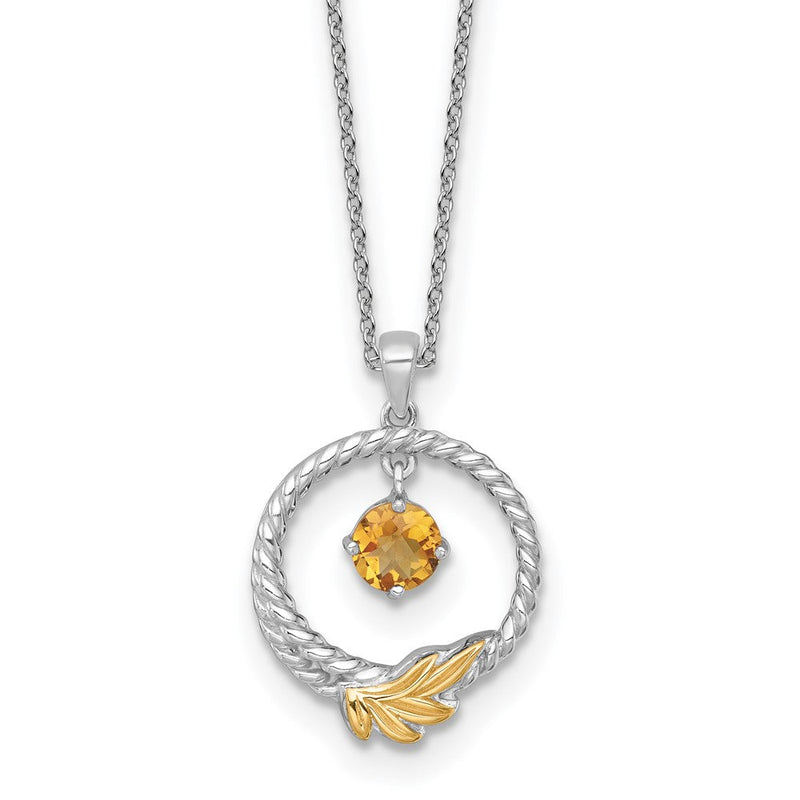 Ss Rhodiniert mit 14K/silver Bicolor Akzente Gedreht Citrin Blatt Kreis Halskette