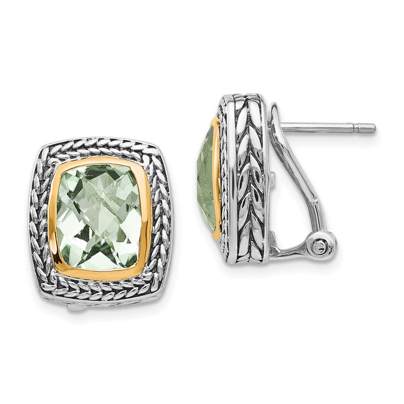 14K/silver Bicolor Shey Couture Sterlingsilber mit 14K Akzente Antikisiert Kissen Zargenfassung Grün Quarz Omega Rückseite Ohrringe