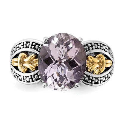 14K/silver Bicolor Sterlingsilber 14K Akzente Poliert & Antikisiert Rosa Quarz Ring