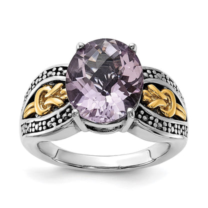 14K/silver Bicolor Sterlingsilber 14K Akzente Poliert & Antikisiert Rosa Quarz Ring