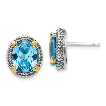 14K/silver Bicolor Shey Couture Sterlingsilber mit 14K Akzente Antikisiert Oval Schweizer Blautopas Ohrstecker
