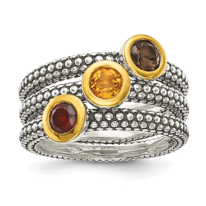 Sterlingsilber Shey Couture Goldfarben Glanz Beschichtet Antikisiert Rund Zargenfassung.30garnet/.20citrine/.20smoky Quarz 3 Stapelbar Rings