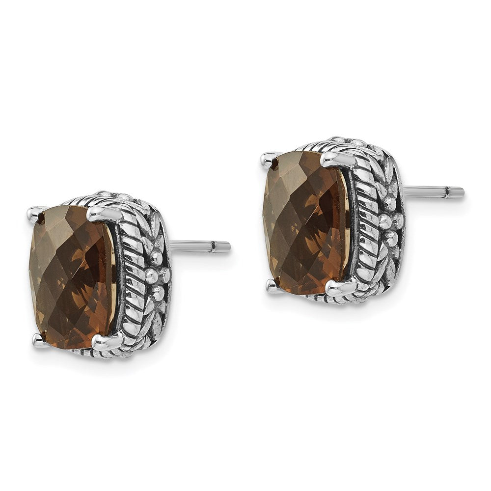 Shey Couture Sterlingsilber Ohrstecker mit antikem Kissenschliff-Karomuster Rauchquarz