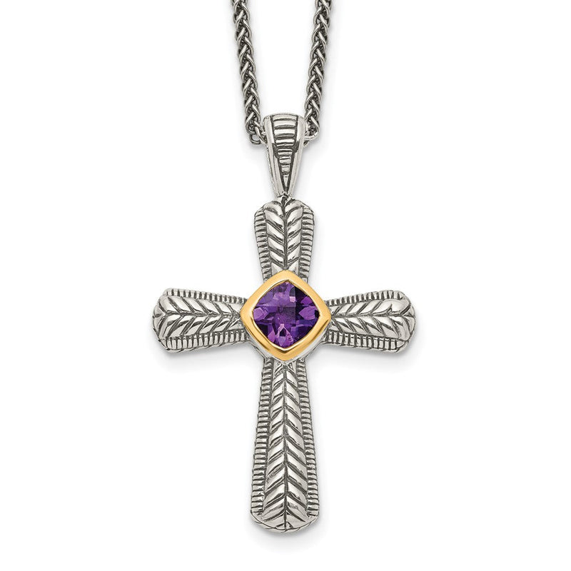 14K/silver Bicolor Shey Couture Sterlingsilber mit 14K Akzente 18 Zoll Antikisiert Kissen Zargenfassung Amethyst Kreuz Halskette