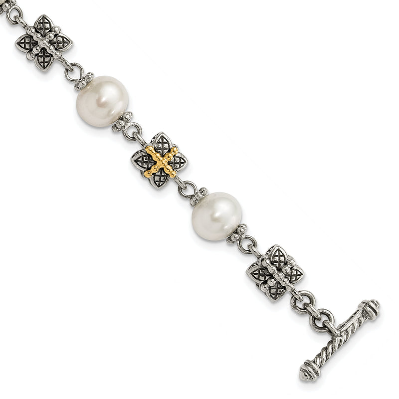 14K/silver Bicolor Sterlingsilber mit 14ky Akzente Poliert & Antikisiert Süßwasser Zuchtperle Armband