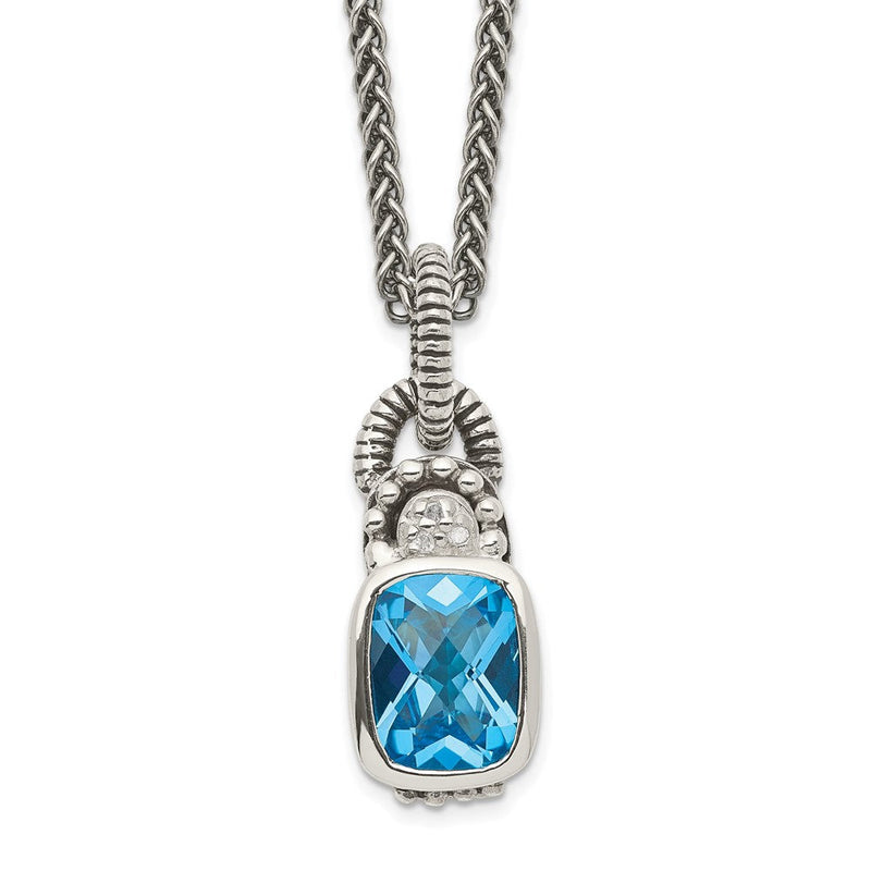 Sterlingsilber Shey Couture 18 Zoll Antikisiert Kissen Zargenfassung Himmel Blautopas und Diamant Halskette