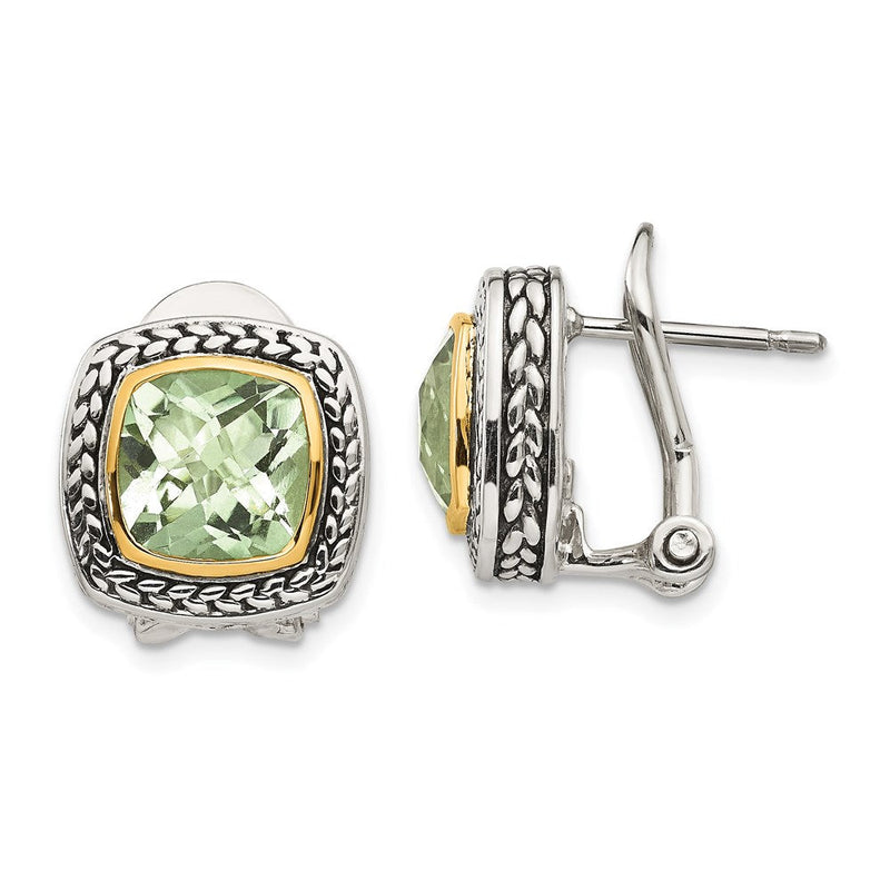14K/silver Bicolor Shey Couture Sterlingsilber mit 14K Akzente Antikisiert Kissen Zargenfassung Grün Quarz Omega Rückseite Ohrringe