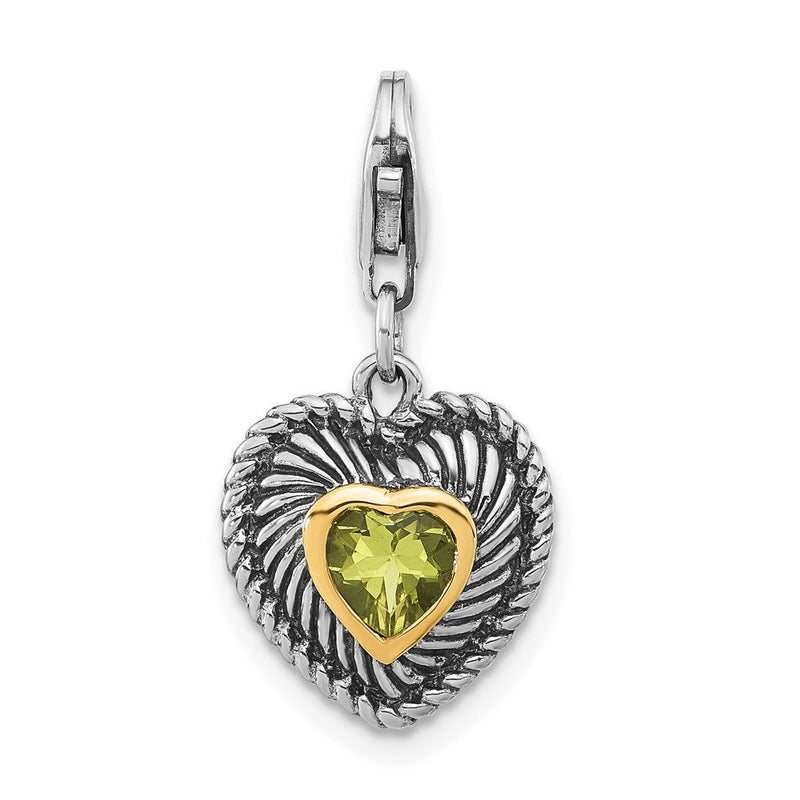 14K/silver Bicolor Sterlingsilber 14K Akzente Poliert & Antikisiert Zitrone Quarz Herz mit Karabinerverschluss Charm
