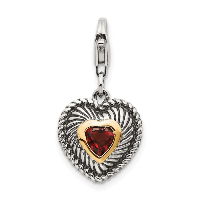 14K/silver Bicolor Shey Couture Sterlingsilber mit 14K Akzente Antikisiert Herz Geformt Granat Karabinerverschluss Charm