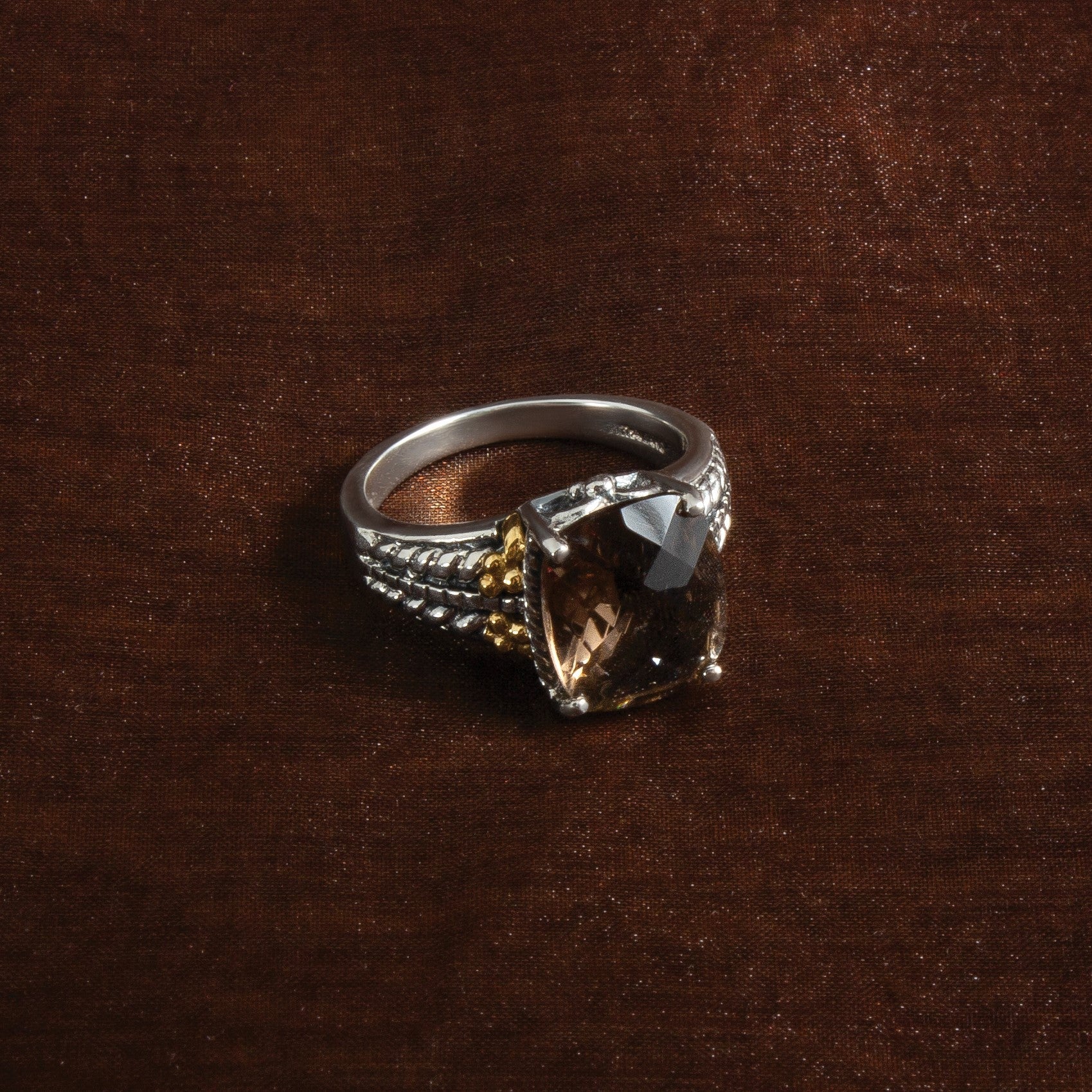 14K/silver Bicolor Sterlingsilber 14K Akzente Poliert & Antikisiert Rauch Quarz Ring
