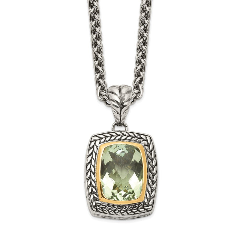 14K/silver Bicolor Shey Couture Sterlingsilber mit 14K Akzente 18 Zoll Antikisiert Kissen Zargenfassung Grün Quarz Halskette