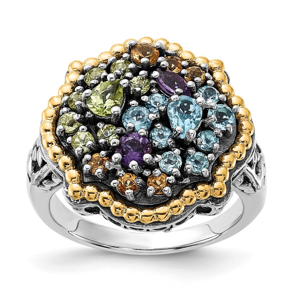 14K/silver Bicolor Sterlingsilber 14K Akzente Poliert & Antikisiert 1.43tw Multi Edelstein Ring