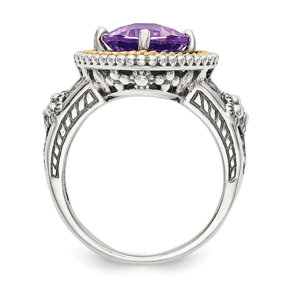 14K/silver Bicolor Shey Couture Sterlingsilber mit 14K Akzente Antikisiert Schachbrett Schliff Cushon Amethyst Ring