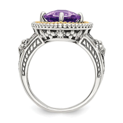 14K/silver Bicolor Shey Couture Sterlingsilber mit 14K Akzente Antikisiert Schachbrett Schliff Cushon Amethyst Ring