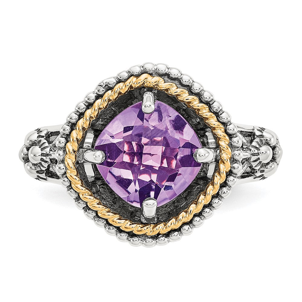 14K/silver Bicolor Shey Couture Sterlingsilber mit 14K Akzente Antikisiert Schachbrett Schliff Cushon Amethyst Ring