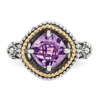 14K/silver Bicolor Shey Couture Sterlingsilber mit 14K Akzente Antikisiert Schachbrett Schliff Cushon Amethyst Ring