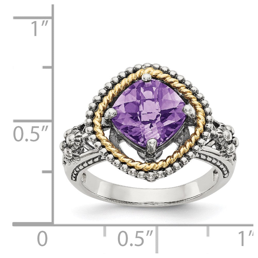 14K/silver Bicolor Shey Couture Sterlingsilber mit 14K Akzente Antikisiert Schachbrett Schliff Cushon Amethyst Ring
