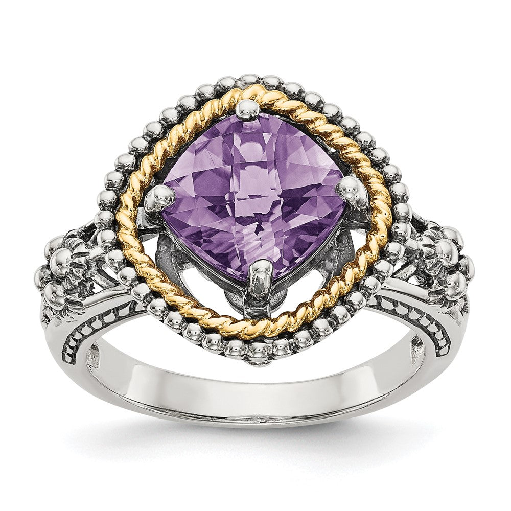 14K/silver Bicolor Shey Couture Sterlingsilber mit 14K Akzente Antikisiert Schachbrett Schliff Cushon Amethyst Ring