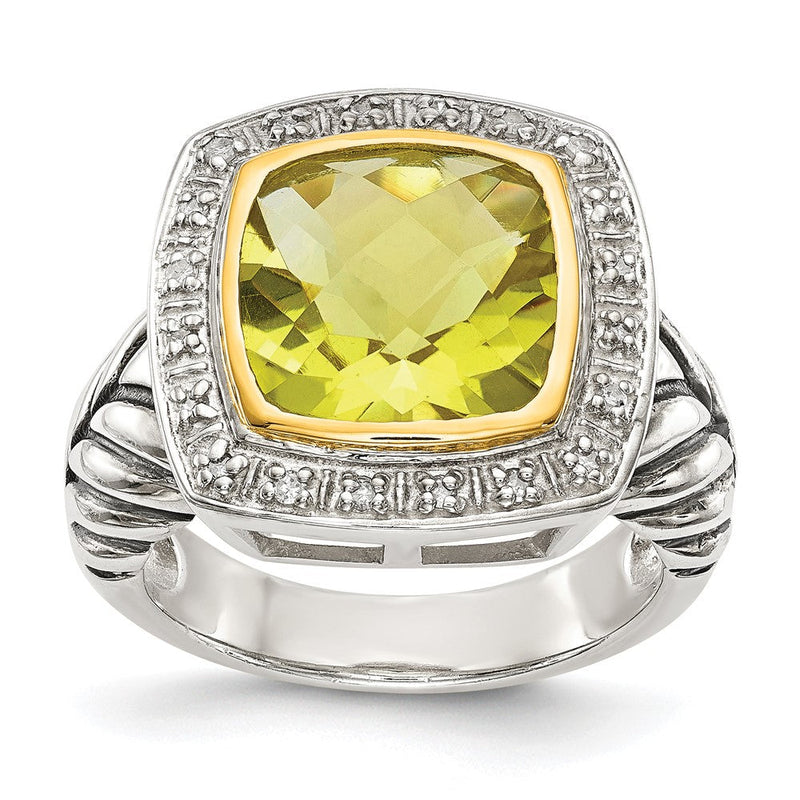 14K/silver Bicolor Shey Couture Sterlingsilber mit 14K Akzente Antikisiert Kissen Zargenfassung Zitrone Quarz und Diamant Ring