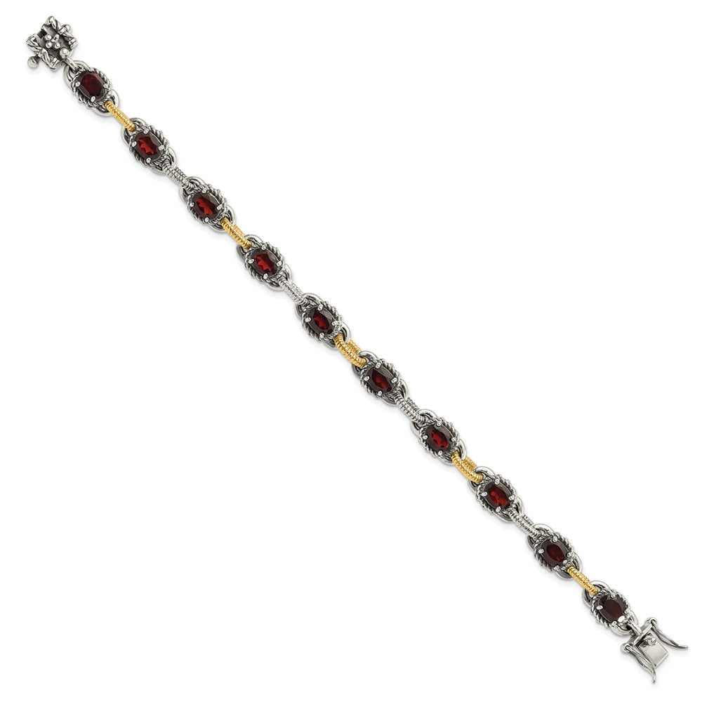 14K/silver Bicolor Sterlingsilber mit 14ky Akzente Poliert & Antikisiert Granat Glieder Armband