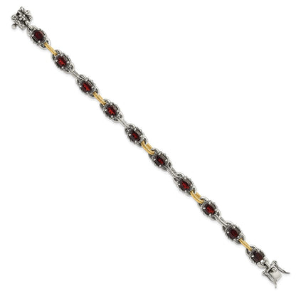 14K/silver Bicolor Sterlingsilber mit 14ky Akzente Poliert & Antikisiert Granat Glieder Armband