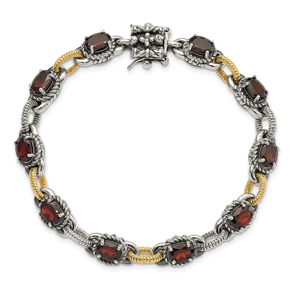 14K/silver Bicolor Sterlingsilber mit 14ky Akzente Poliert & Antikisiert Granat Glieder Armband