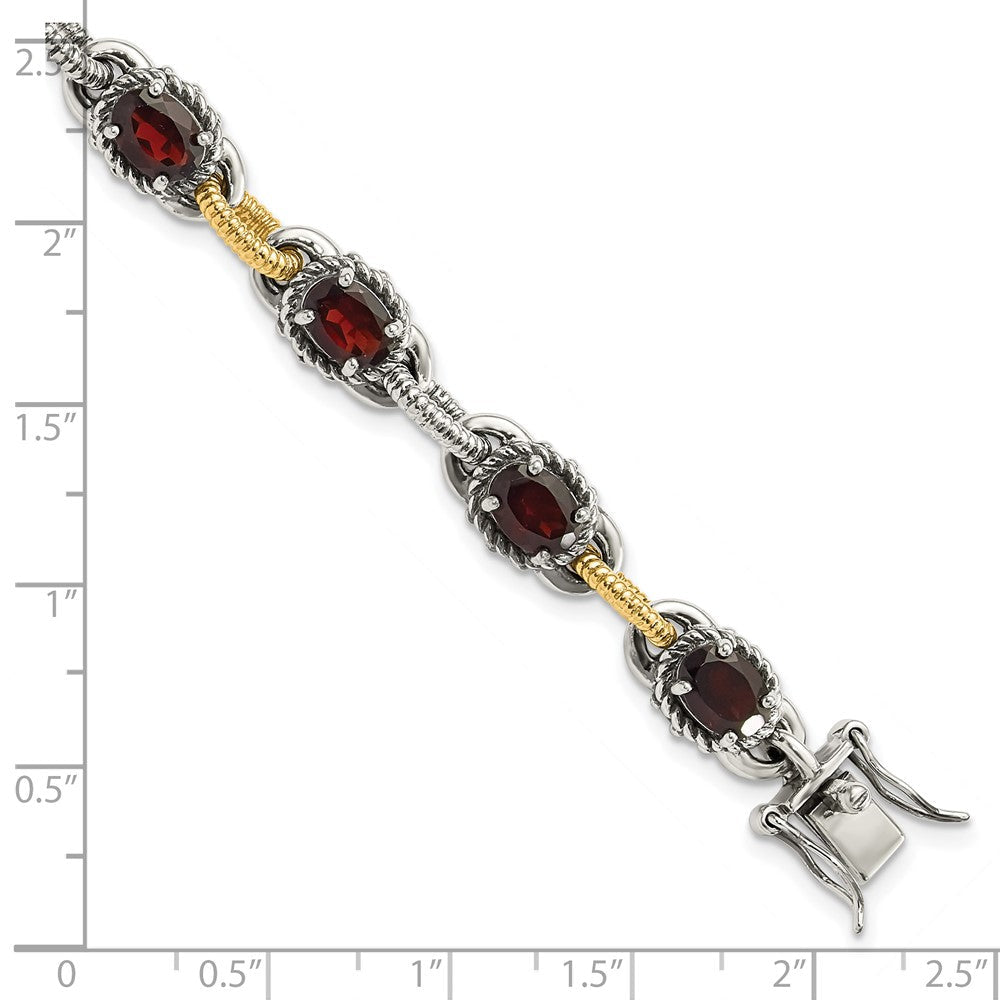 14K/silver Bicolor Sterlingsilber mit 14ky Akzente Poliert & Antikisiert Granat Glieder Armband
