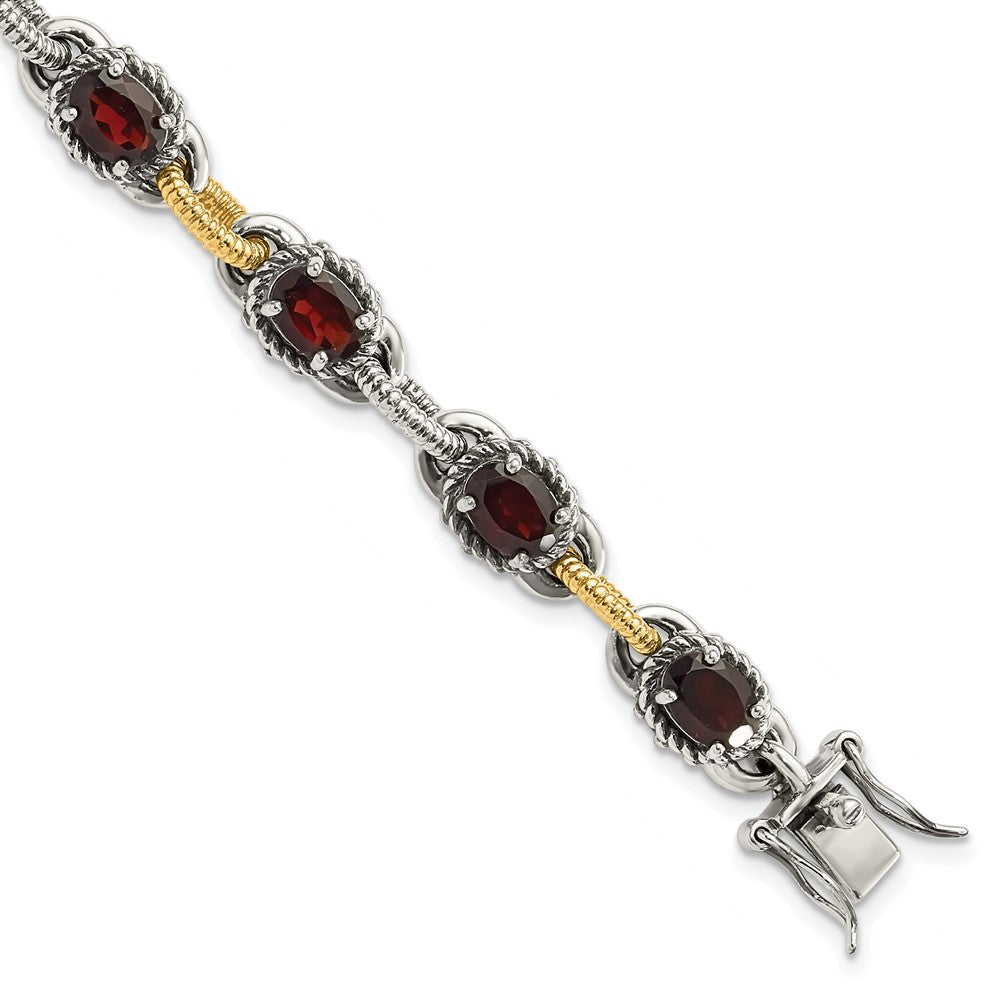 14K/silver Bicolor Sterlingsilber mit 14ky Akzente Poliert & Antikisiert Granat Glieder Armband