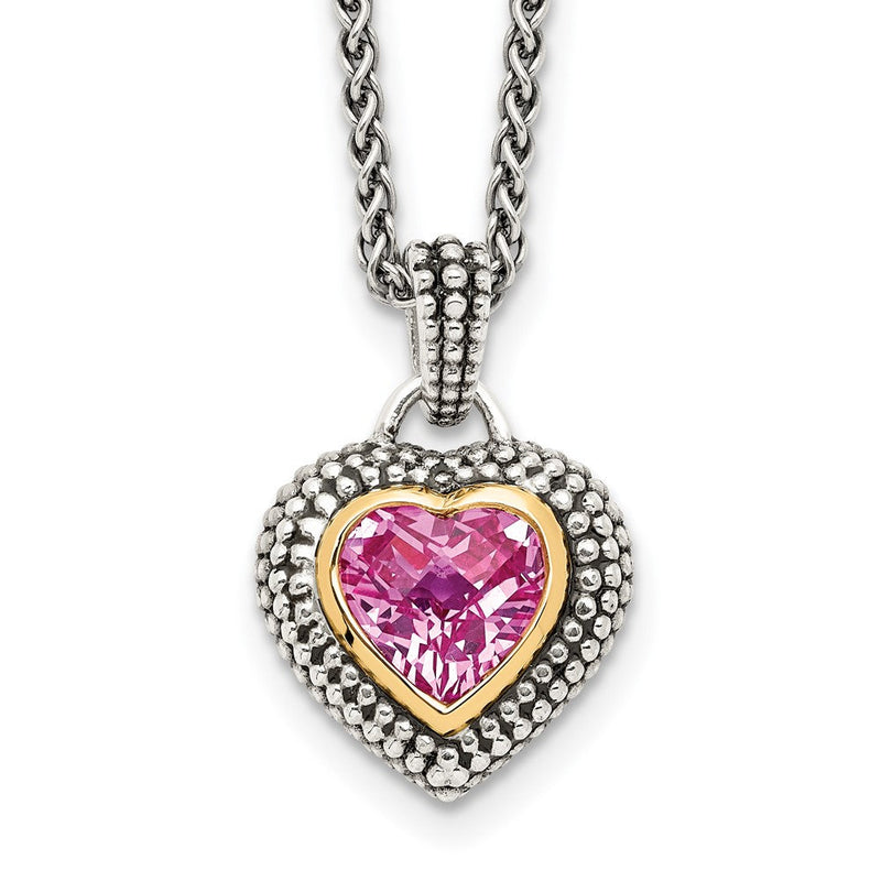 14K/silver Bicolor Shey Couture Sterlingsilber mit 14K Akzente 18 Zoll Antikisiert Herz Zargenfassung Erzeugt Rosa Saphir Halskette