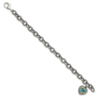 14K/silver Bicolor Shey Couture Sterlingsilber mit 14K Akzente 7.5 Zoll Antikisiert Schweizer Blautopas Herz Zargenfassung Armband