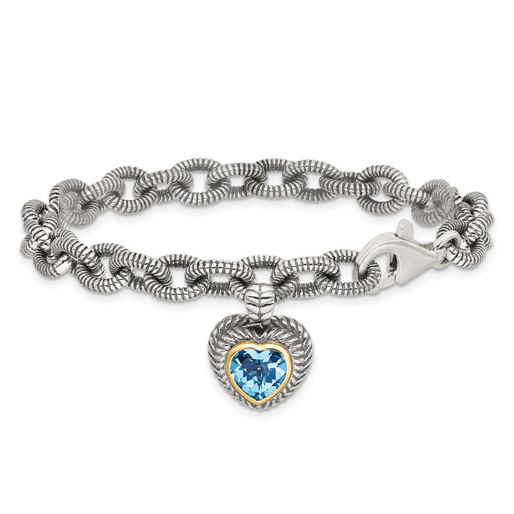 14K/silver Bicolor Shey Couture Sterlingsilber mit 14K Akzente 7.5 Zoll Antikisiert Schweizer Blautopas Herz Zargenfassung Armband