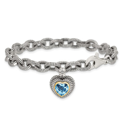 14K/silver Bicolor Shey Couture Sterlingsilber mit 14K Akzente 7.5 Zoll Antikisiert Schweizer Blautopas Herz Zargenfassung Armband